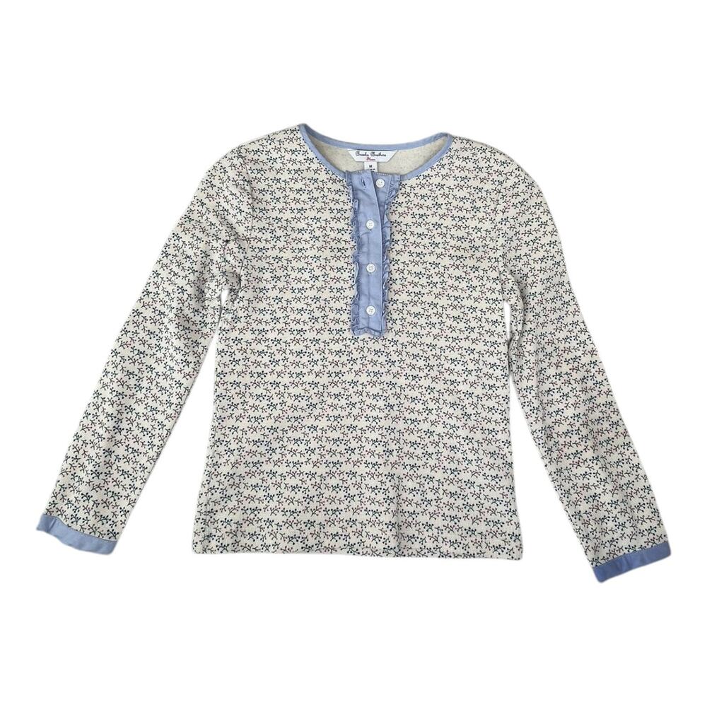 Brooks Brothers Girls Holiday Print Henley w/ Purple Ruffle & Edging Top Sz Med